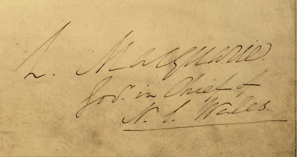 Macquarie's signature on the map. Courtesy National Archives, CO 700/NEWSOUTHWALES24
